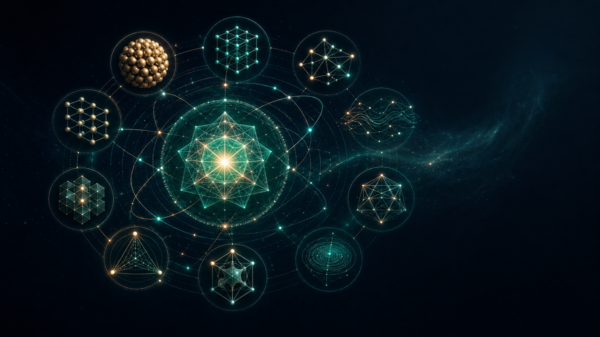 抽象插画：多组数学与理论计算机科学结构围绕发光的 Astra 核心